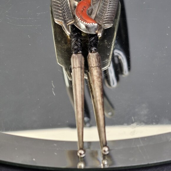 Navajo Turquoise And Coral Sterling Silver Bolo Tie Signed. USA Native American - Picture 10 of 15